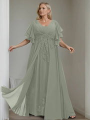 A-Line/Princess V-Neck Half Sleeves Floor-Length Unique Plus Size Mother of the Bride Dresses with Sequins & Ruffles