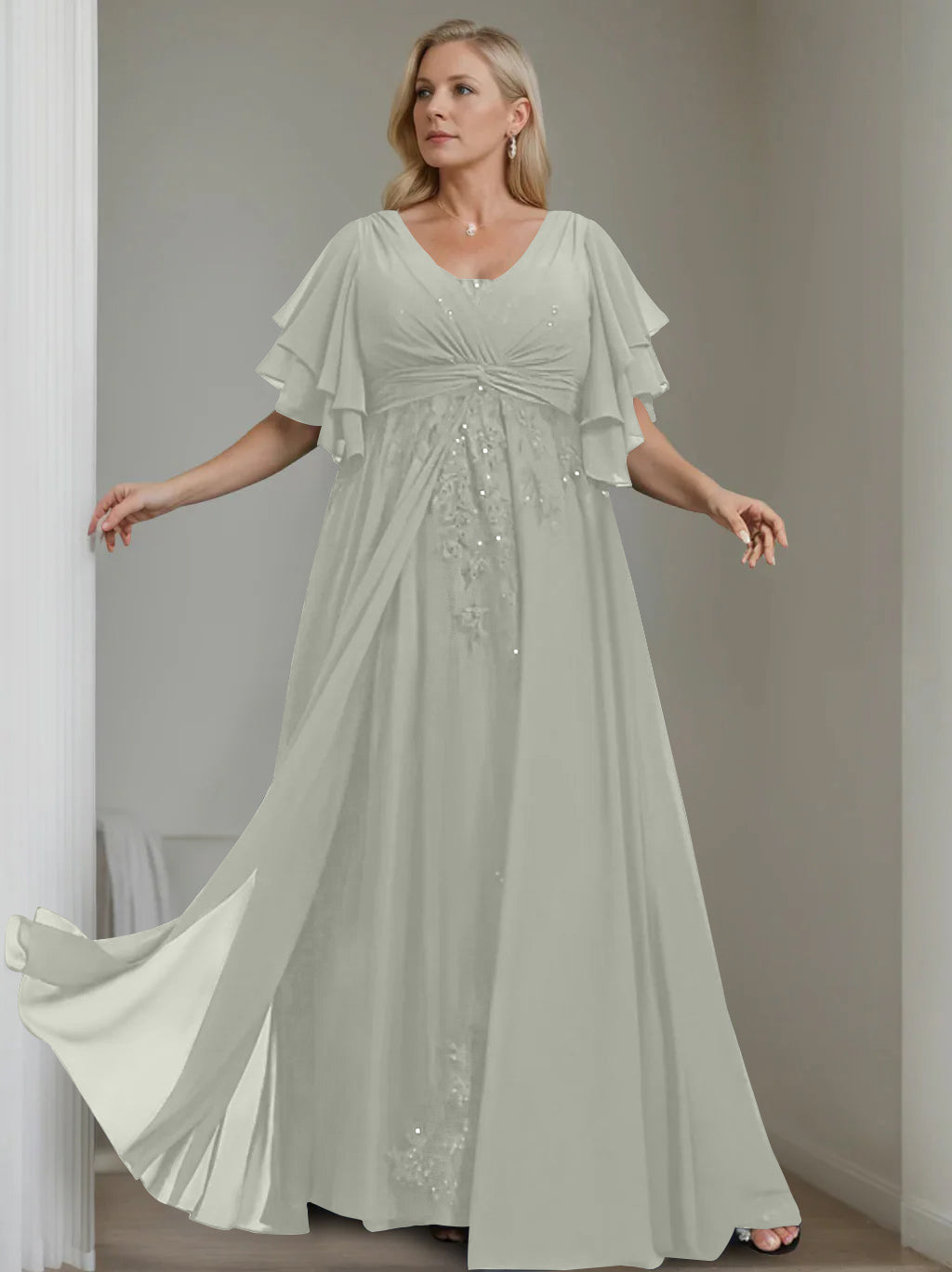 A Line Princess V Neck Half Sleeves Floor Length Unique Plus Size Mother Of The Bride Dresses With Sequins Ruffles
