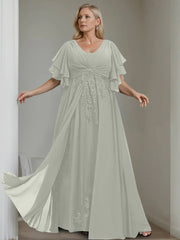 A Line Princess V Neck Half Sleeves Floor Length Unique Plus Size Mother Of The Bride Dresses With Sequins Ruffles