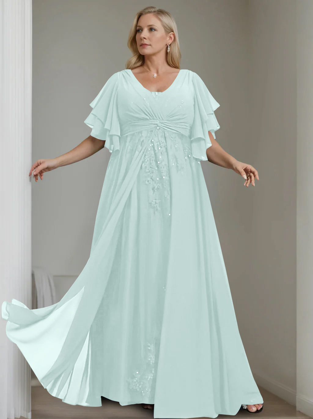 A Line Princess V Neck Half Sleeves Floor Length Unique Plus Size Mother Of The Bride Dresses With Sequins Ruffles