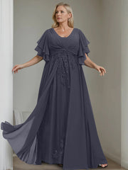 A Line Princess V Neck Half Sleeves Floor Length Unique Plus Size Mother Of The Bride Dresses With Sequins Ruffles