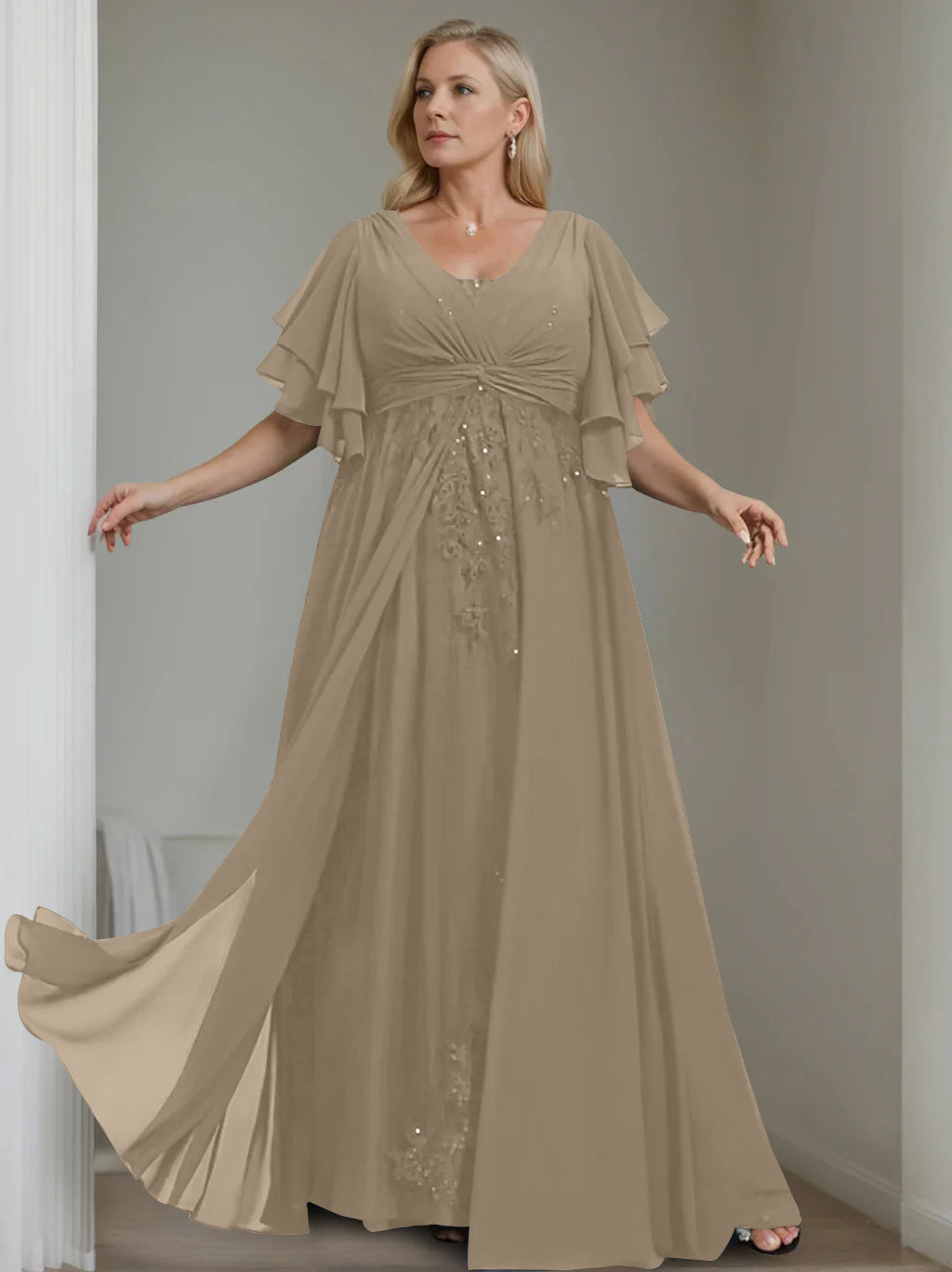 A Line Princess V Neck Half Sleeves Floor Length Unique Plus Size Mother Of The Bride Dresses With Sequins Ruffles