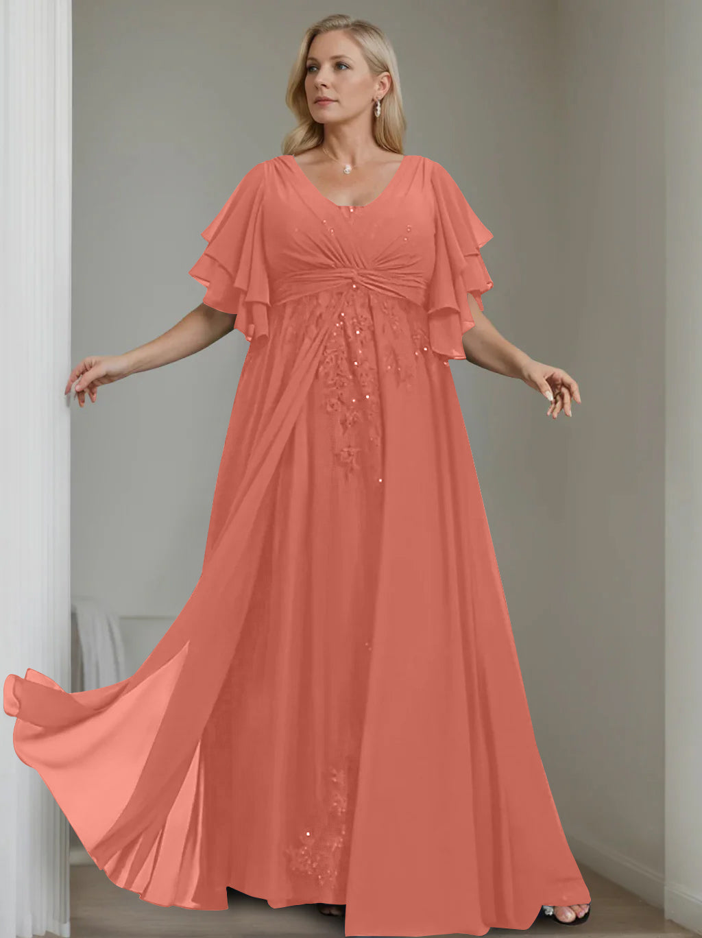 A Line Princess V Neck Half Sleeves Floor Length Unique Plus Size Mother Of The Bride Dresses With Sequins Ruffles