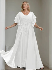 A Line Princess V Neck Half Sleeves Floor Length Unique Plus Size Mother Of The Bride Dresses With Sequins Ruffles
