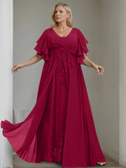 A Line Princess V Neck Half Sleeves Floor Length Unique Plus Size Mother Of The Bride Dresses With Sequins Ruffles