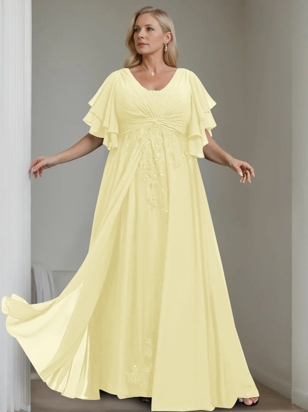 A Line Princess V Neck Half Sleeves Floor Length Unique Plus Size Mother Of The Bride Dresses With Sequins Ruffles
