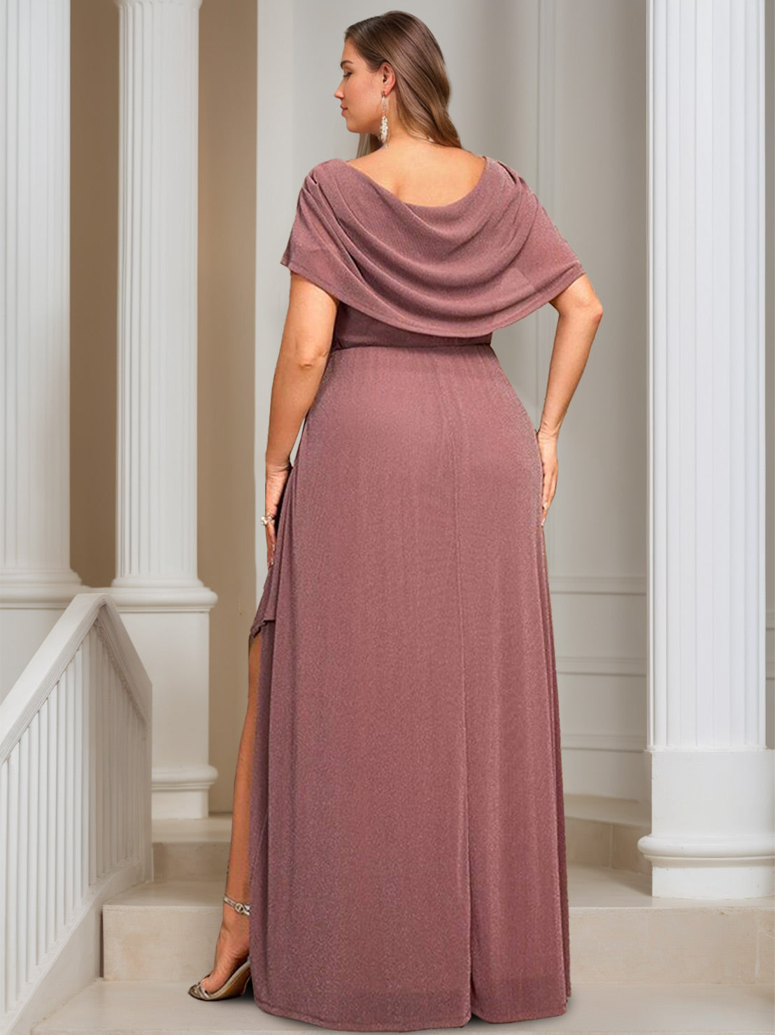 A Line Princess Scoop Neck Short Sleeves Floor Length Plus Size Mother Of The Bride Dresses With Ruffles Sequins
