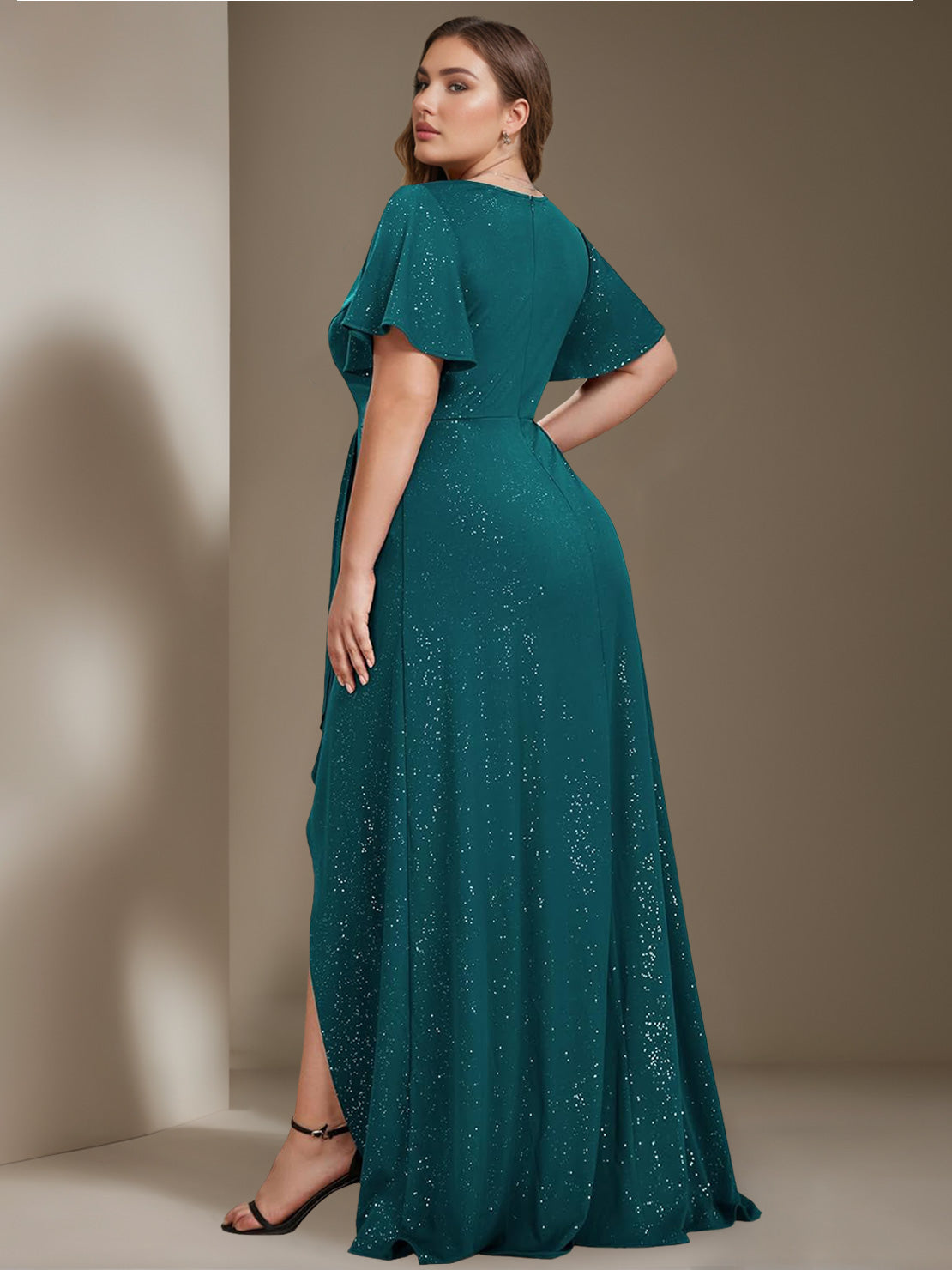 A Line Princess Deep V Neck Short Sleeves Asymmetrical Plus Size Mother Of The Bride Dresses With Ruffles