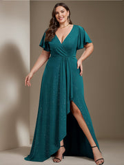 A Line Princess Deep V Neck Short Sleeves Asymmetrical Plus Size Mother Of The Bride Dresses With Ruffles