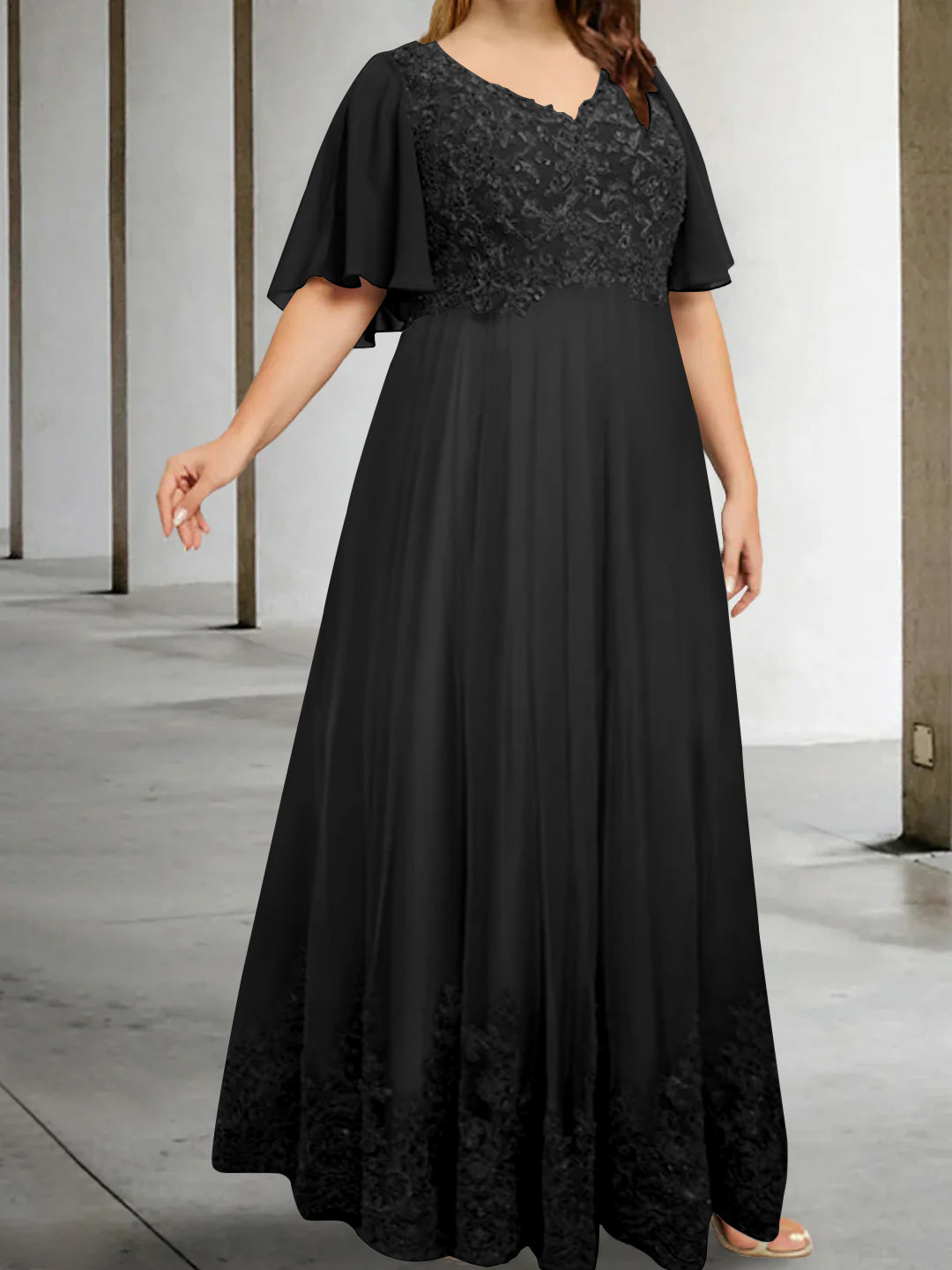 A Line Princess V Neck Half Sleeves Floor Length Plus Size Mother Of The Bride Dresses With Appliques