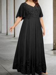 A Line Princess V Neck Half Sleeves Floor Length Plus Size Mother Of The Bride Dresses With Appliques
