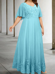 A Line Princess V Neck Half Sleeves Floor Length Plus Size Mother Of The Bride Dresses With Appliques