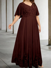 A Line Princess V Neck Half Sleeves Floor Length Plus Size Mother Of The Bride Dresses With Appliques