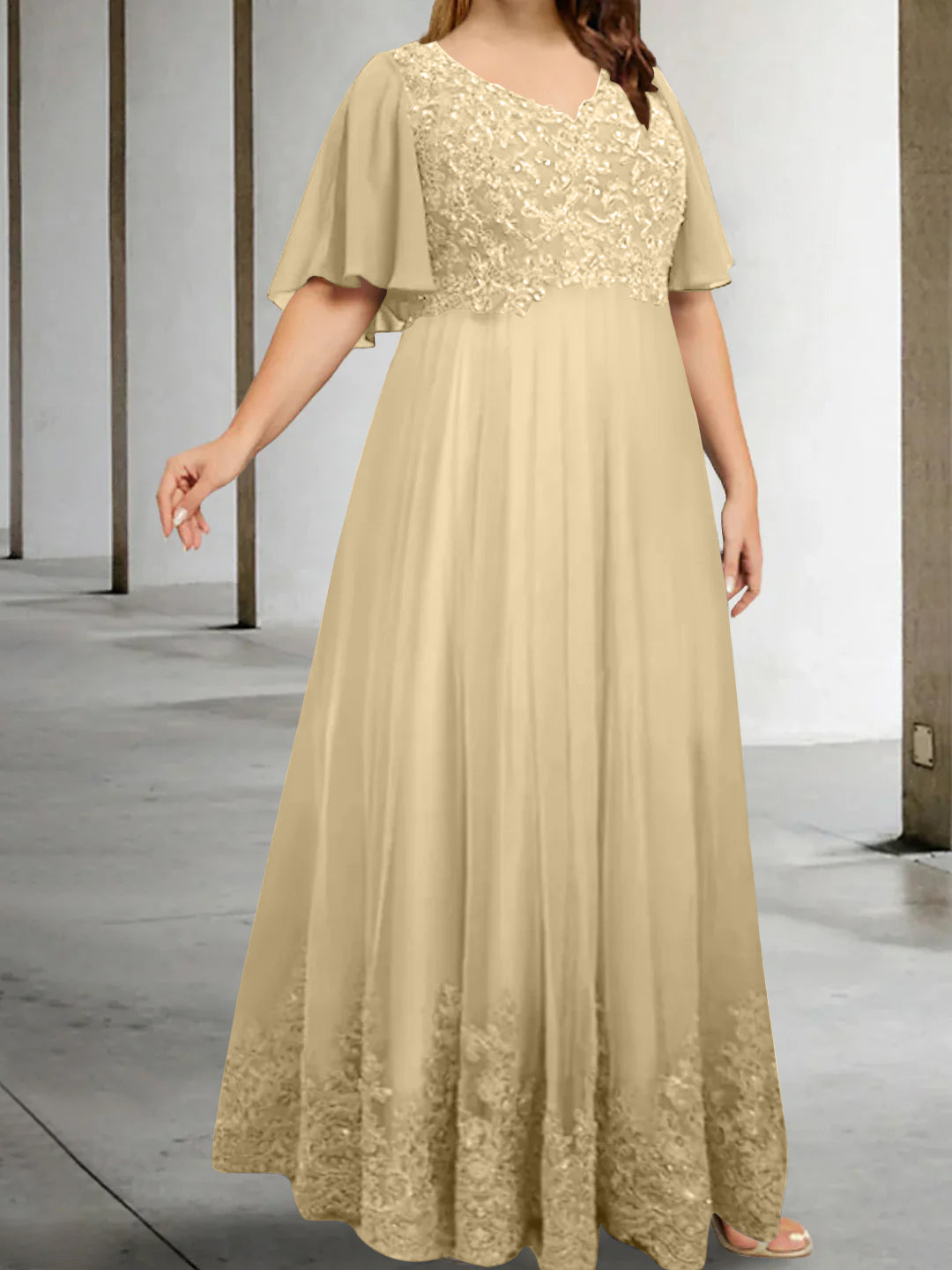 A Line Princess V Neck Half Sleeves Floor Length Plus Size Mother Of The Bride Dresses With Appliques