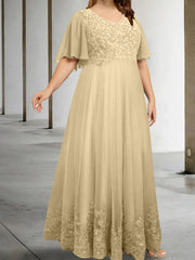 A Line Princess V Neck Half Sleeves Floor Length Plus Size Mother Of The Bride Dresses With Appliques