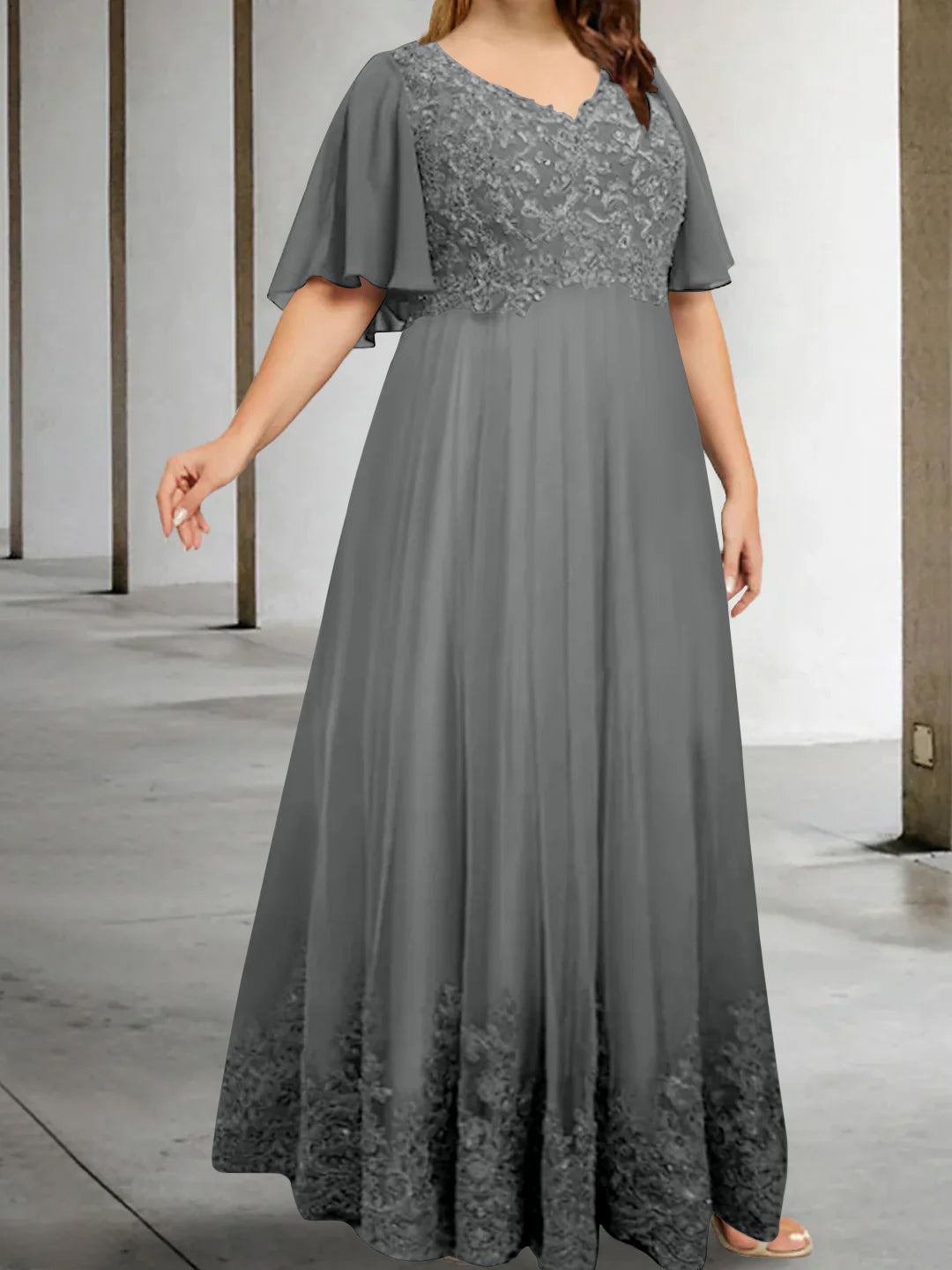A Line Princess V Neck Half Sleeves Floor Length Plus Size Mother Of The Bride Dresses With Appliques