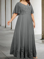A Line Princess V Neck Half Sleeves Floor Length Plus Size Mother Of The Bride Dresses With Appliques