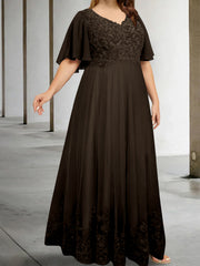 A Line Princess V Neck Half Sleeves Floor Length Plus Size Mother Of The Bride Dresses With Appliques
