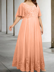 A Line Princess V Neck Half Sleeves Floor Length Plus Size Mother Of The Bride Dresses With Appliques