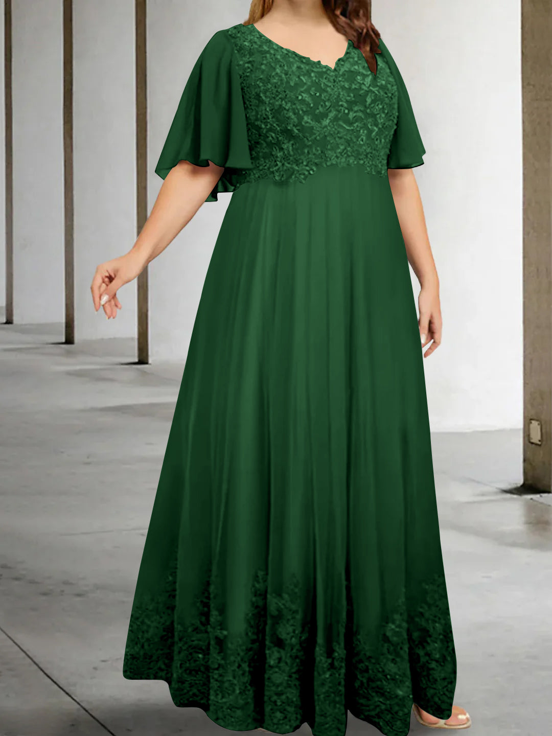 A Line Princess V Neck Half Sleeves Floor Length Plus Size Mother Of The Bride Dresses With Appliques