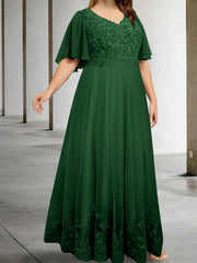 A Line Princess V Neck Half Sleeves Floor Length Plus Size Mother Of The Bride Dresses With Appliques