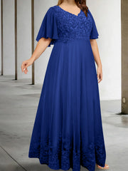 A Line Princess V Neck Half Sleeves Floor Length Plus Size Mother Of The Bride Dresses With Appliques