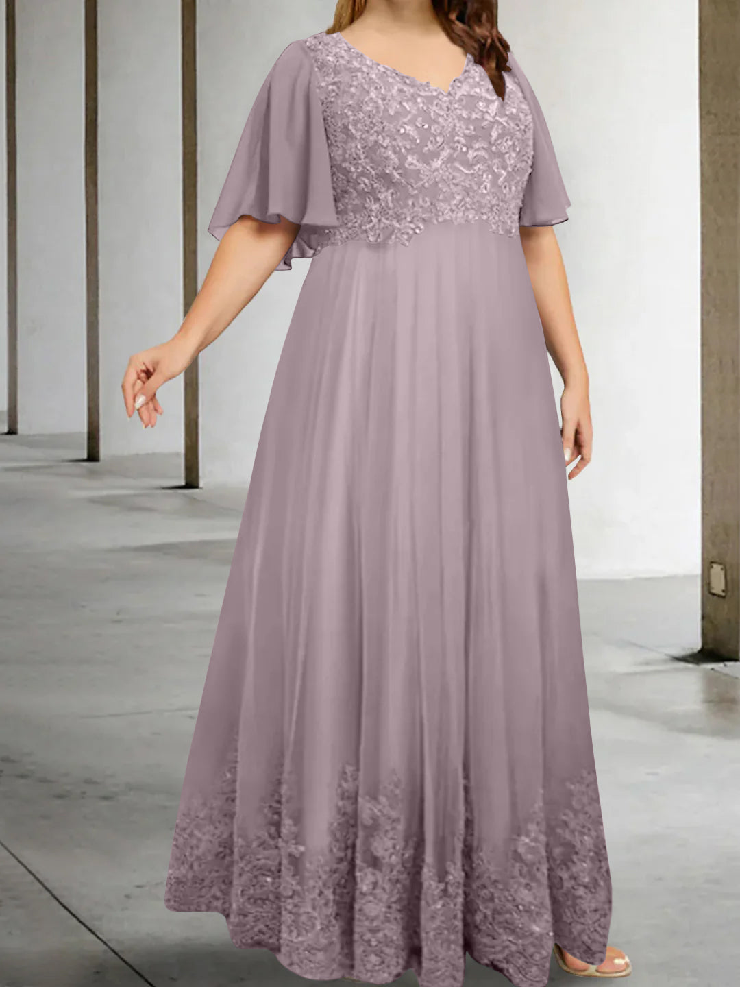 A Line Princess V Neck Half Sleeves Floor Length Plus Size Mother Of The Bride Dresses With Appliques