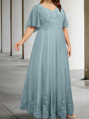 A Line Princess V Neck Half Sleeves Floor Length Plus Size Mother Of The Bride Dresses With Appliques