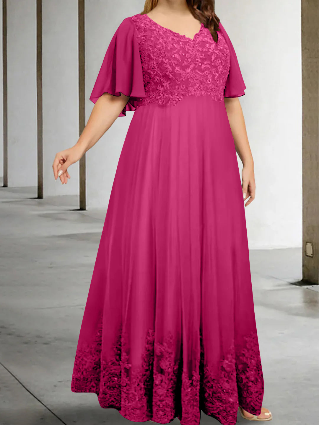 A Line Princess V Neck Half Sleeves Floor Length Plus Size Mother Of The Bride Dresses With Appliques