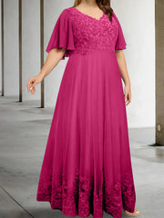 A Line Princess V Neck Half Sleeves Floor Length Plus Size Mother Of The Bride Dresses With Appliques