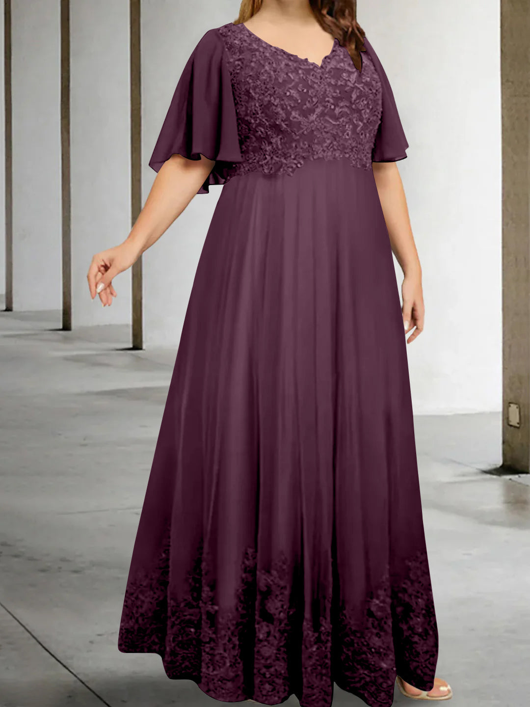 A Line Princess V Neck Half Sleeves Floor Length Plus Size Mother Of The Bride Dresses With Appliques