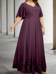 A Line Princess V Neck Half Sleeves Floor Length Plus Size Mother Of The Bride Dresses With Appliques