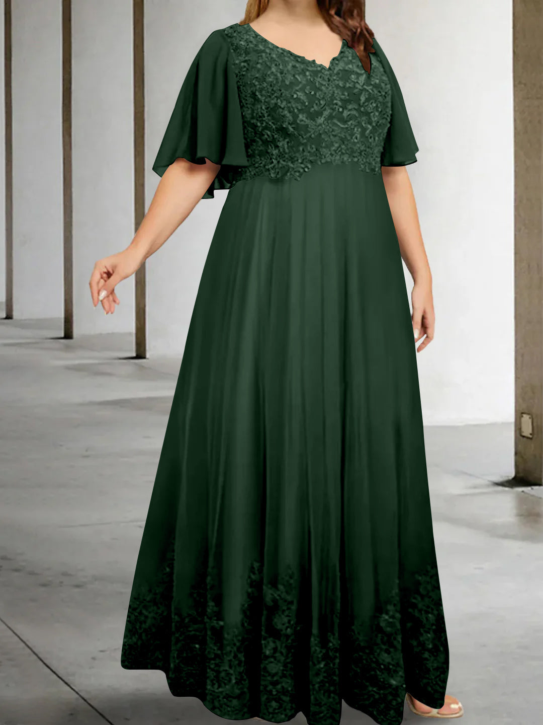 A Line Princess V Neck Half Sleeves Floor Length Plus Size Mother Of The Bride Dresses With Appliques