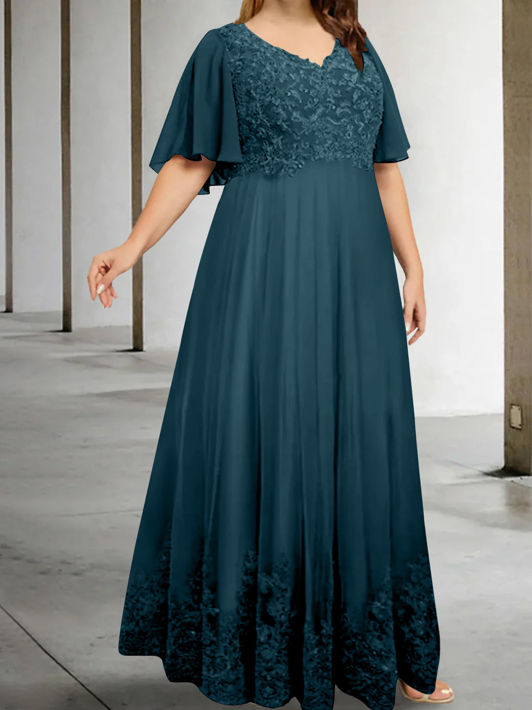 A Line Princess V Neck Half Sleeves Floor Length Plus Size Mother Of The Bride Dresses With Appliques