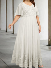 A Line Princess V Neck Half Sleeves Floor Length Plus Size Mother Of The Bride Dresses With Appliques