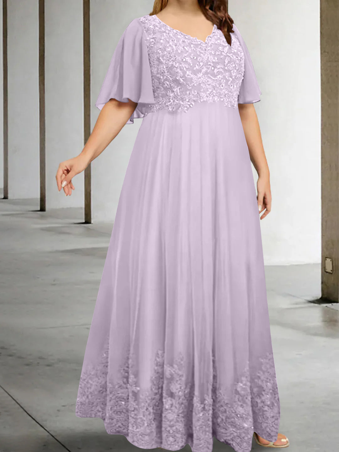 A Line Princess V Neck Half Sleeves Floor Length Plus Size Mother Of The Bride Dresses With Appliques