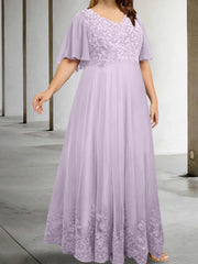 A Line Princess V Neck Half Sleeves Floor Length Plus Size Mother Of The Bride Dresses With Appliques
