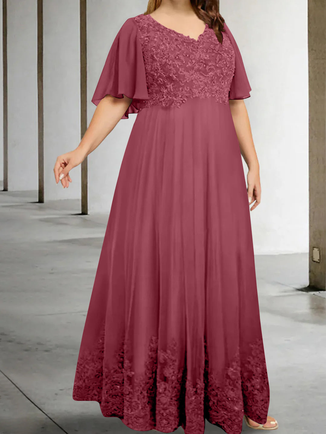 A Line Princess V Neck Half Sleeves Floor Length Plus Size Mother Of The Bride Dresses With Appliques
