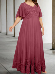 A Line Princess V Neck Half Sleeves Floor Length Plus Size Mother Of The Bride Dresses With Appliques
