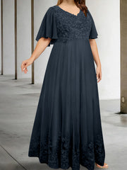 A Line Princess V Neck Half Sleeves Floor Length Plus Size Mother Of The Bride Dresses With Appliques