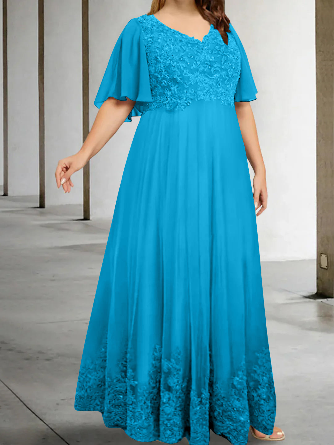 A Line Princess V Neck Half Sleeves Floor Length Plus Size Mother Of The Bride Dresses With Appliques