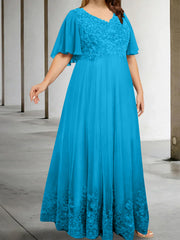 A Line Princess V Neck Half Sleeves Floor Length Plus Size Mother Of The Bride Dresses With Appliques