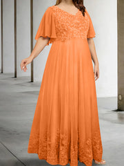 A Line Princess V Neck Half Sleeves Floor Length Plus Size Mother Of The Bride Dresses With Appliques