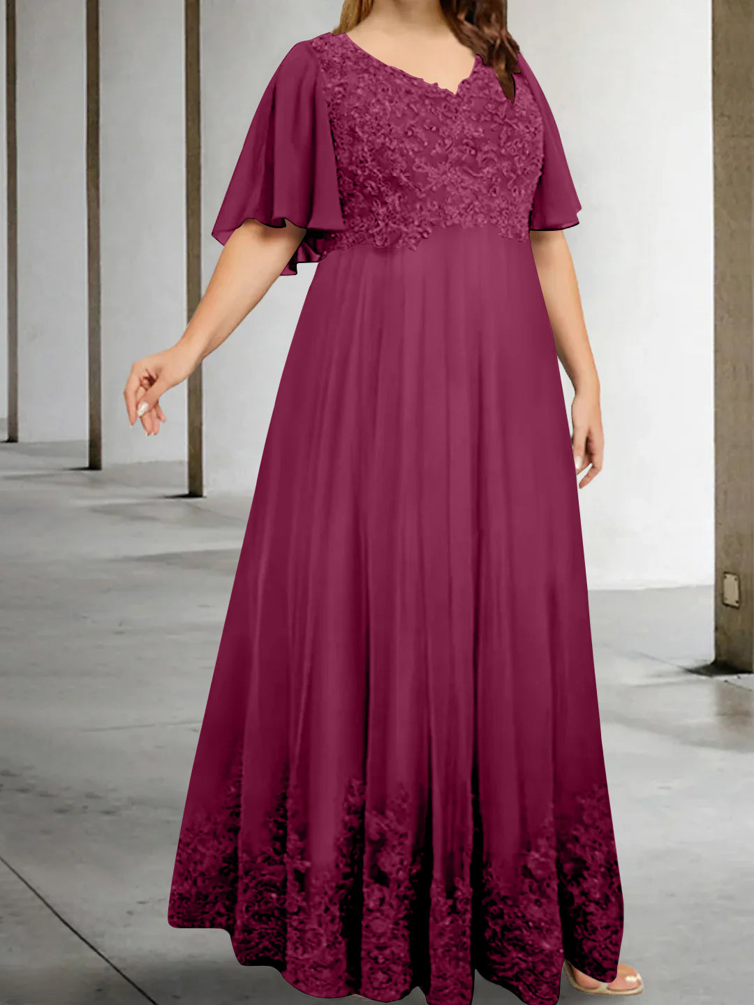 A Line Princess V Neck Half Sleeves Floor Length Plus Size Mother Of The Bride Dresses With Appliques