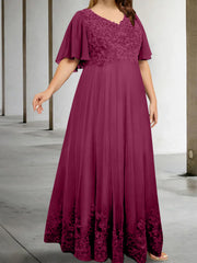 A Line Princess V Neck Half Sleeves Floor Length Plus Size Mother Of The Bride Dresses With Appliques