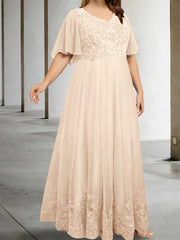 A Line Princess V Neck Half Sleeves Floor Length Plus Size Mother Of The Bride Dresses With Appliques