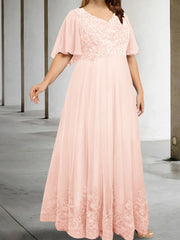 A Line Princess V Neck Half Sleeves Floor Length Plus Size Mother Of The Bride Dresses With Appliques