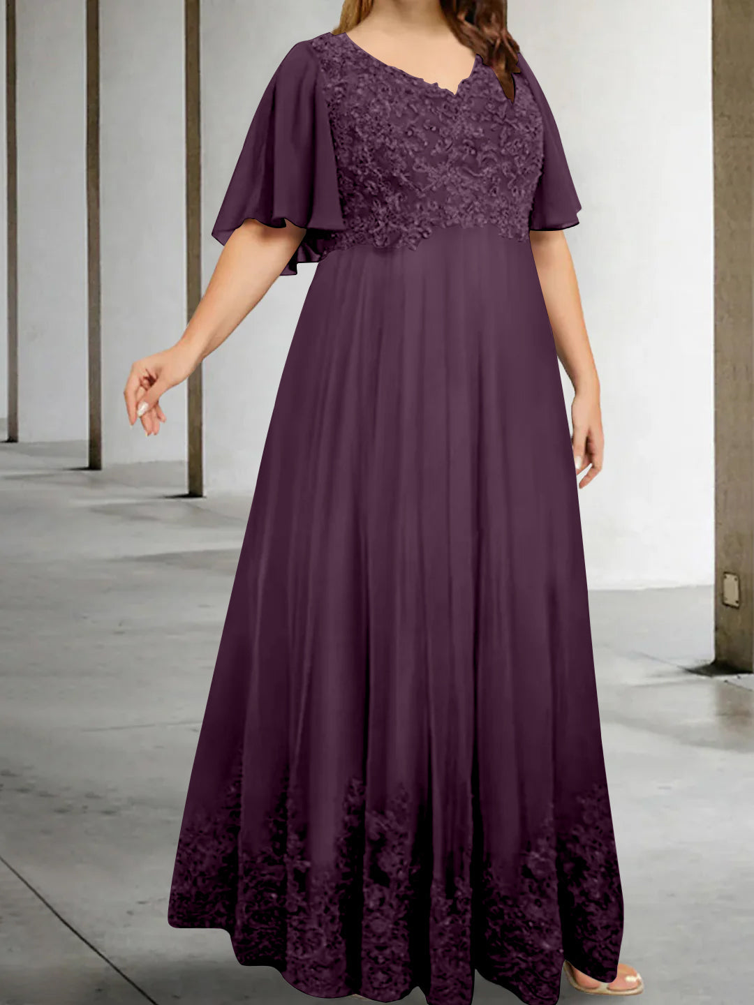 A Line Princess V Neck Half Sleeves Floor Length Plus Size Mother Of The Bride Dresses With Appliques
