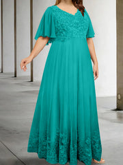 A Line Princess V Neck Half Sleeves Floor Length Plus Size Mother Of The Bride Dresses With Appliques