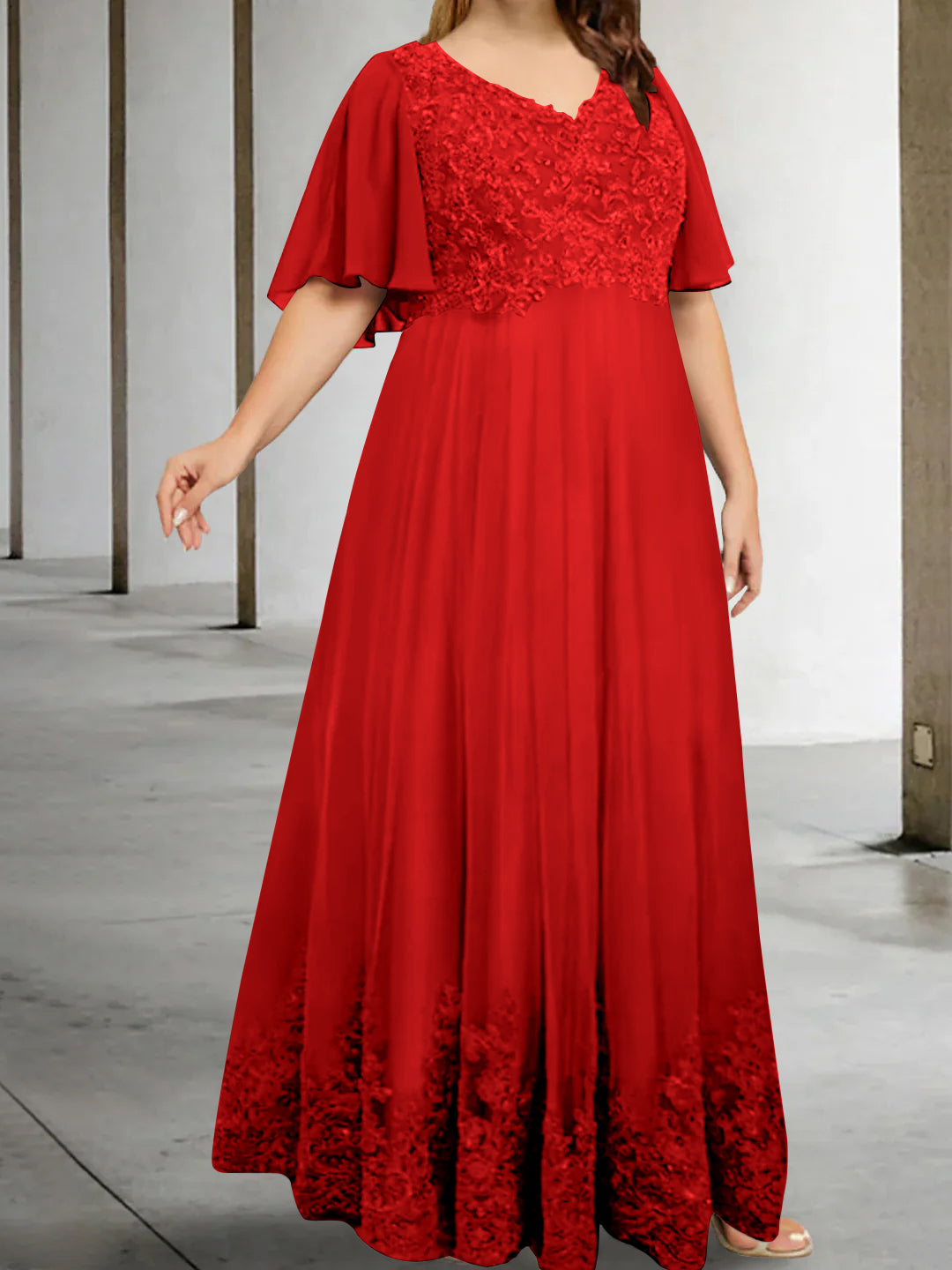 A Line Princess V Neck Half Sleeves Floor Length Plus Size Mother Of The Bride Dresses With Appliques